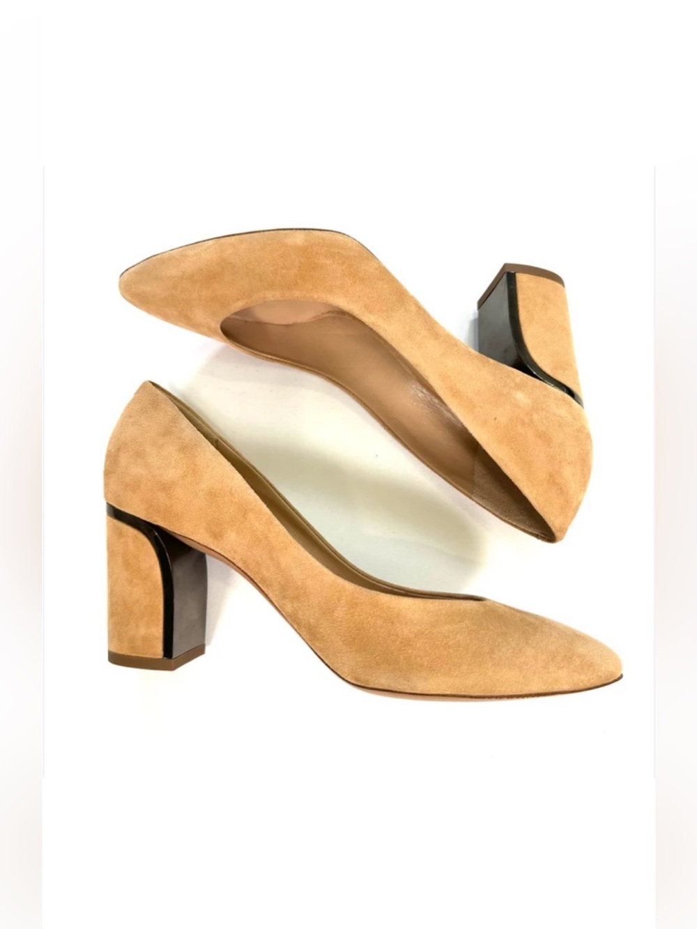Chloe Tan Suede Becky Pointed Toe Pumps Block Heel Size 35